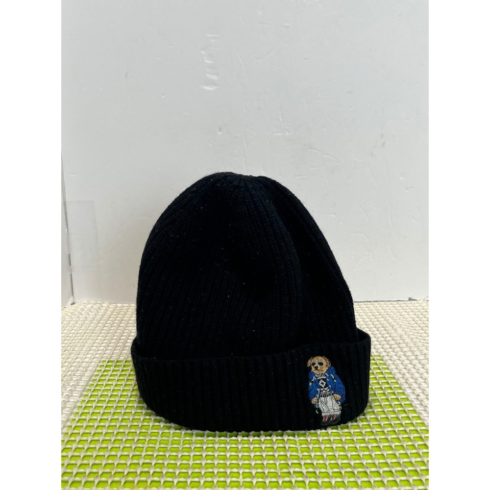 Polo Ralph Lauren Polo Bear Black Merino Wool Cashmere Ribbed Beanie Hat GOOD